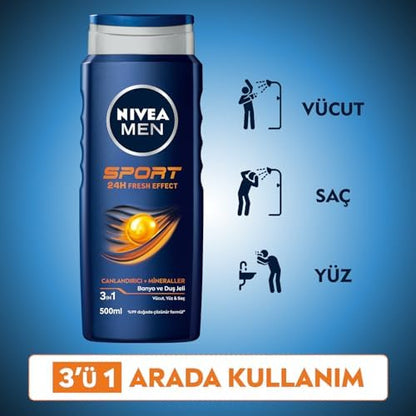 MEN Erkek Sports Duş Jeli, 500 ml, 3ü 1 Arada Kullanım, Vücut, Yüz ve Saç, 24 Saat Ferahlık, Enerji Veren Koku