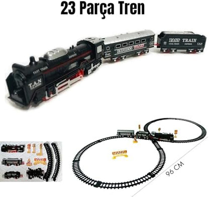 23 Parça Işıklı Klasik Tren Seti 96Cm 3 Farklı Ray Modeli Pilli Retro Tren raylı oyuncak full fonksiyon çocuklar için eğitici