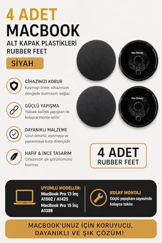 MacBook Pro A1425 A1502 A1398 uyumlu alt kapak rubber feet 4 adet kauçuk ayak seti kaydırmaz yüzey kolay montaj titreşim önleyici uzun ömürlü yedek parçaSiyah