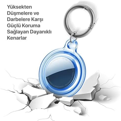 Airtag için Su Geçirmez Ultra Şeffaf Görünümlü Silikon Kılıf ve Anahtarlık (Mavi)