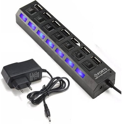 7 Port USB Hub Çoklayıcı Çoğaltıcı Onoff Düğmeli Işıklı Adaptörlü