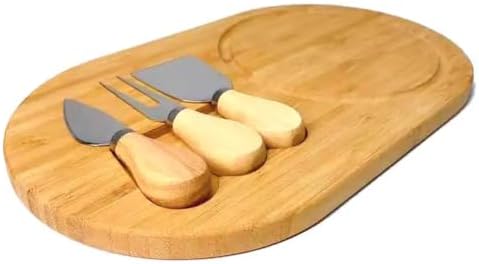 Bambu Peynir Sunum Tabağı, 3 Parça Peynir Bıçağı ve Çatalı Seti, Toplam 4 Parça, Doğal ve Şık Peynir Tabağı, Kaliteli Sunum Seti 34x20 cm Ebatlarında