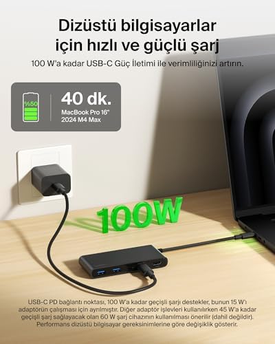 USB-C Hub, 7 Portlu, 60 Hz’de 4K HDMI Ekran Desteği, SD ve MicroSD Yuvaları, 100W Güç İletimi, 5Gbps Veri Aktarımı, MacBook, iPad Pro, Chromebook için USB-C Çoklu Port Adaptörü, HDMI 2.0, Siyah