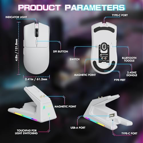 ATTACK SHARK X1 Kablosuz Gaming Mouse – Dokunmatik RGB Şarj Standlı, 53g Süper Hafif Fare, PixArt PAW3395PRO Sensör, 40000 DPI, BT/2.4G/Kablolu Üçlü Mod, Windows/Xbox/PS/Mac Uyumlu – Beyaz