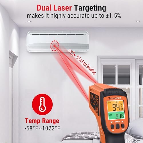 TP450 Endüstriyel Kızılötesi Lazer Termometre, -50°C ile 550°C Temassız Isı Ölçer Tabanca, Çift Lazerli ve Ayarlanabilir Emissivity (Sanayi Tipi)