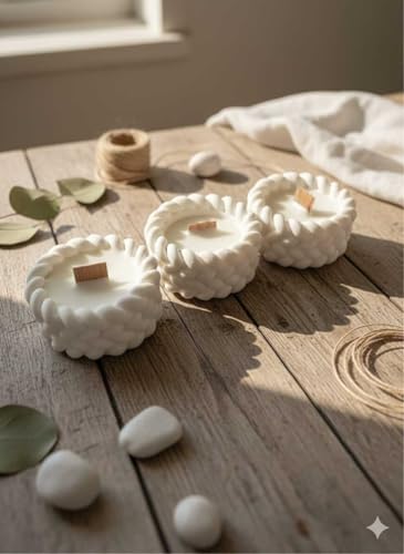 El Yapımı Dekoratif Soya Mumlu Ahşap Fitilli - Örme Dokulu Tasarım - Doğal Kokusuz Ev Dekorasyonu Mumu - Oturma Odası, Yatak Odası ve Hediye İçin Minimalist Beyaz Mum - 3'lü Set
