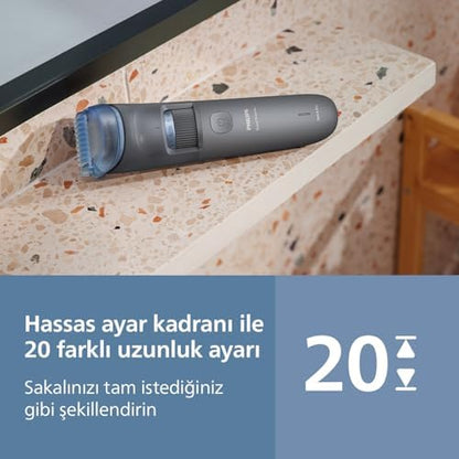 Beard Trimmer 3000 Serisi, Siyah, 20 Uzunluk Ayarı, Kendini Bileyen Bıçaklar, 60 Dakika Kablosuz Kullanım, USB-A Şarj, BT3617/15