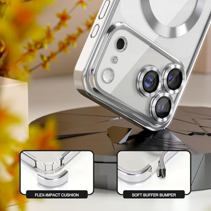 Manyetik iPhone 17 Pro Max Kılıfı MagSafe ile Uyumlu Kablosuz ŞarJ Destekli Tam Kamera Lens Koruyucu Kaplama Yumuşak Şeffaf Telefon Kılıfı, (iphone 17 pro max silver)