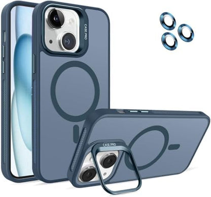 MADNOVA iPhone 13 için Kılıf Kamera Korumalı Magsafe Wireless Şarj Özellikli Lens Hediyeli Mat Şeffaf Renkli Standlı Kılıf (LACİVERT)