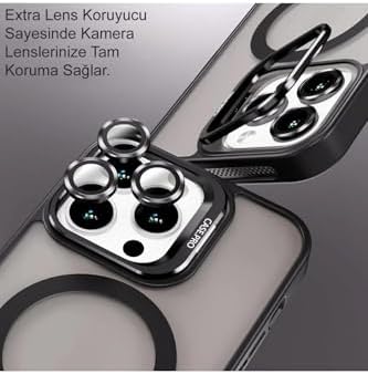 Apple iPhone 11 ile Uyumlu Lens Hediyeli Kamere Korumalı Wireless Şarj Özellikli Standlı Premium Kılıf - Siyah