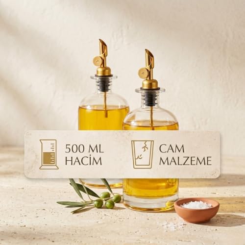 2'li Lüks Cam Yağdanlık ve Sirkelik Seti - 500 ml Altın Renkli Metal Başlıklı Akıtmaz Sızdırmaz Mutfak Sosluk Şişesi