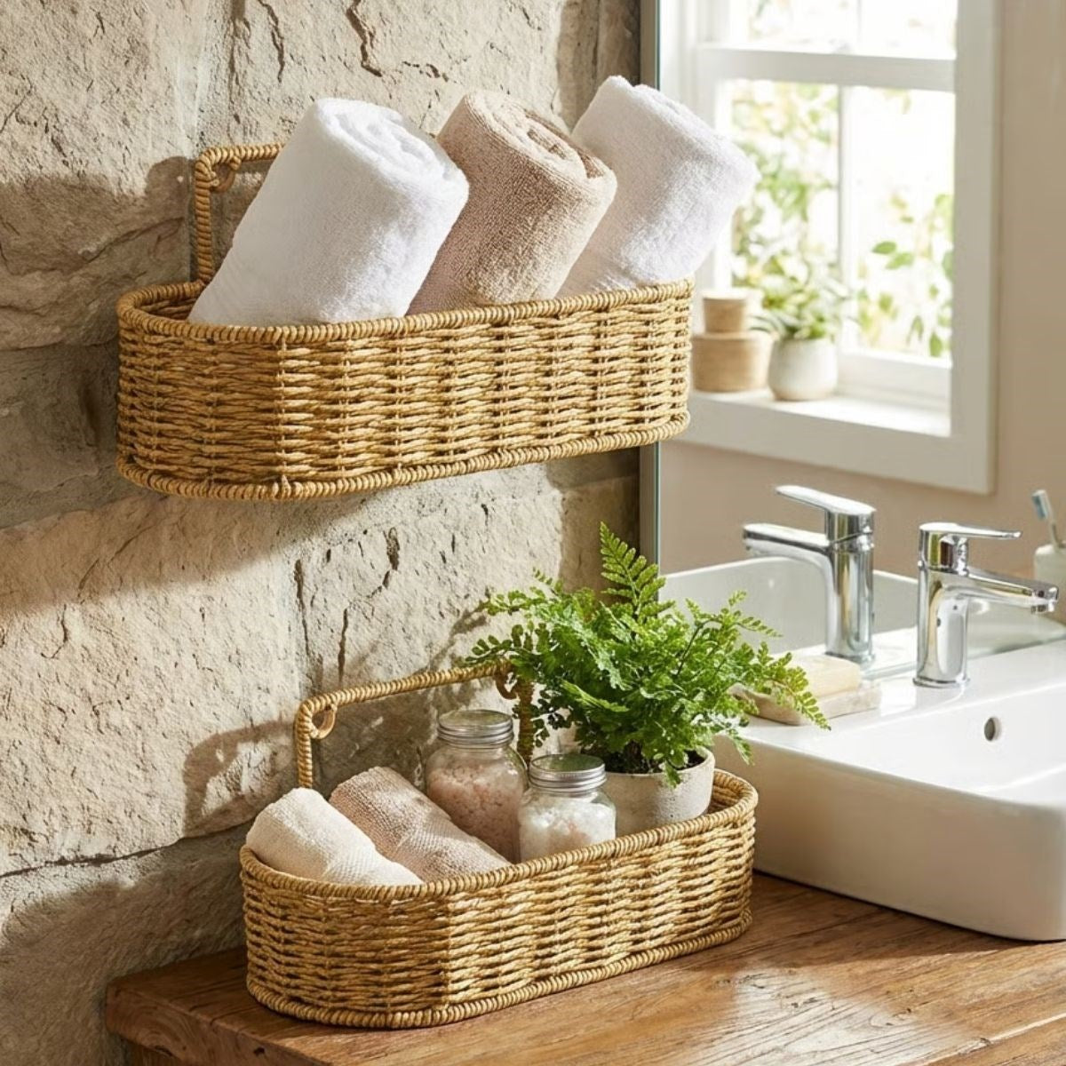 BUFFER® 2’li Duvar Askılı Plastik Rattan Organizer – Oval Hasır Görünümlü Mutfak Raf Sepeti, Banyo ve Ev İçi Düzenleme Ünitesi