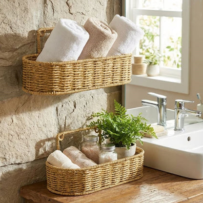 BUFFER® 2’li Duvar Askılı Plastik Rattan Organizer – Oval Hasır Görünümlü Mutfak Raf Sepeti, Banyo ve Ev İçi Düzenleme Ünitesi