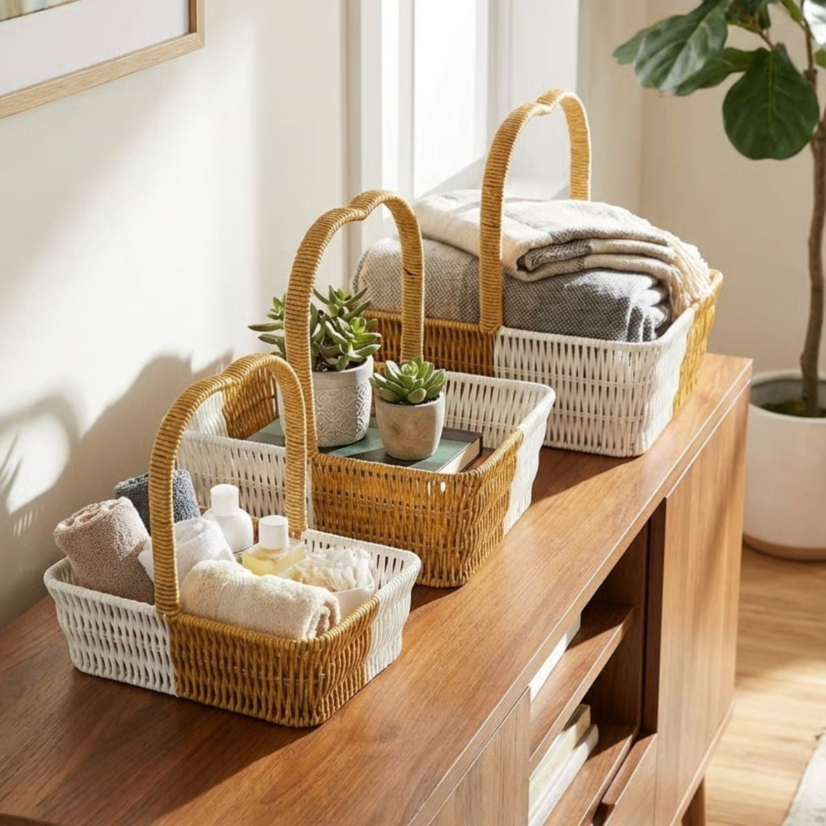 BUFFER® İç İçe Geçebilen 3’lü Çift Renkli Dikdörtgen Formlu Kalp Saplı Plastik Rattan Sepet Seti – Hasır Görünümlü Çok Amaçlı Organizerler