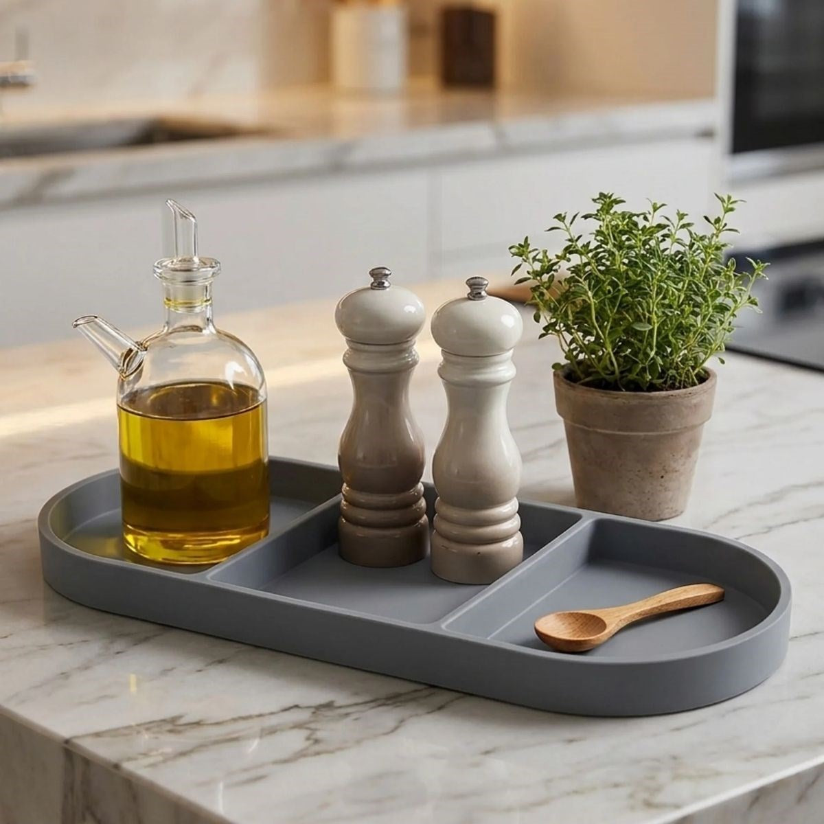 BUFFER® Çok Amaçlı 3 Bölmeli Gri Silikon Altlık – Yağdanlık ve Sunum Organizeri