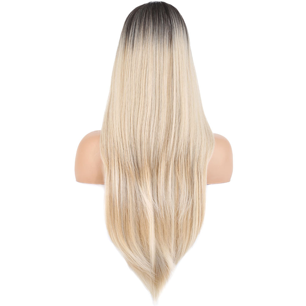 Katlı Kesim Perçemli Düz Fiber Sen Uzun Boy Peruk / Kahve / Platin Ombre ve Röfleli