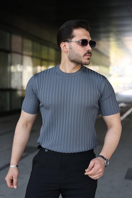 Erkek Fitilli Bisiklet Yaka Kısa Kollu Tişört - Antrasit / 2XL