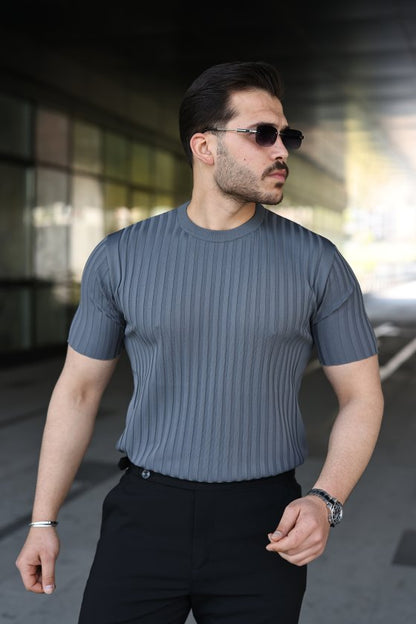 Erkek Fitilli Bisiklet Yaka Kısa Kollu Tişört - Antrasit / 2XL