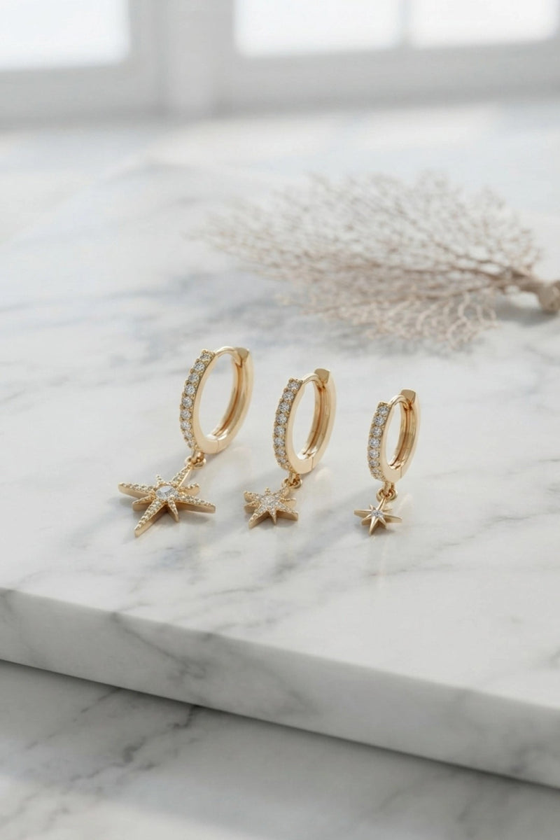 Gold Renk Kutup Yıldız Model 3 lü Küpe Seti