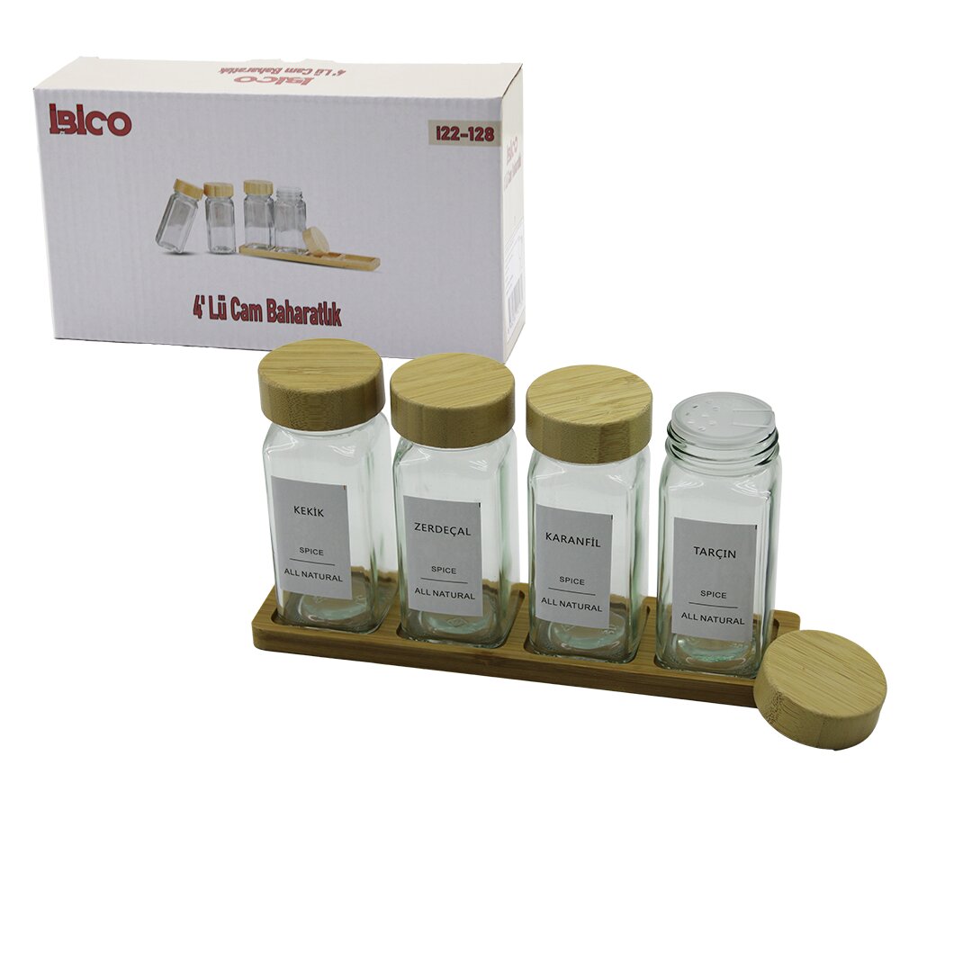 4PCS BAMBU KAPAKLI CAM TUZLUK - BİBERLİK - BAHARATLIK 120ML (5643)