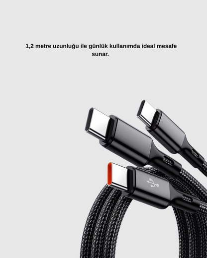 3’ü 1 Arada Şarj Kablosu Type-C iOS Android Uyumlu Hızlı ve Güvenli Şarj