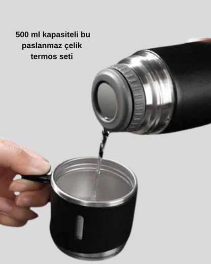 Paslanmaz Çelik 500 ml Termos Seti – 8 Saat Isı Koruma, Vakumlu, Sızdırmaz ve Taşınabilir