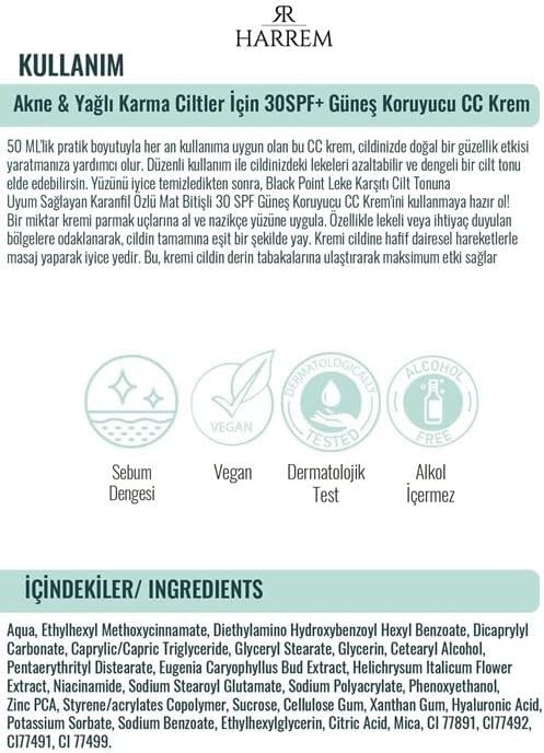Akneli & Yağlı Karma Ciltler İçin 30SPF Güneş Koruyucu Cc Krem P.int 50Ml