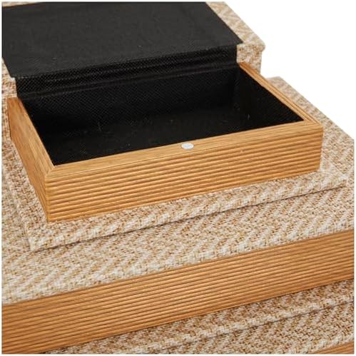 Deco 79 Keten Kumaş Dekoratif Kutu Chevron Desenli Kitap Saklama Kitabı Şekilli Kutular Krem Vurgulu, 4'lü Dekoratif Hatıra Kutusu Seti 38,1 cm, 30,4 cm, 9 cm, 15,2 cm Y, Bej