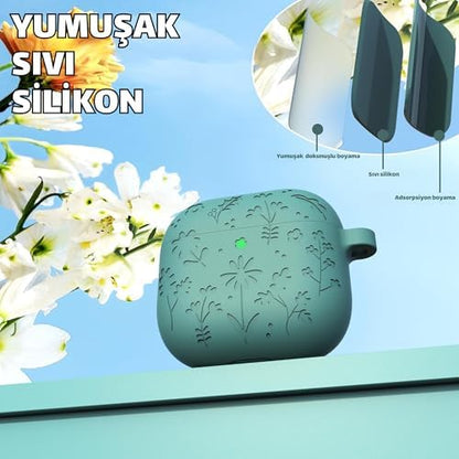 AirPods 4. Nesil Uyumlu Çiçek İşlemeli Premium Silikon Kulaklık Kılıfı ve 3'ü 1 Arada Bluetooth Kulaklık Temizleme Kalemi Seti (Orman Yeşili)