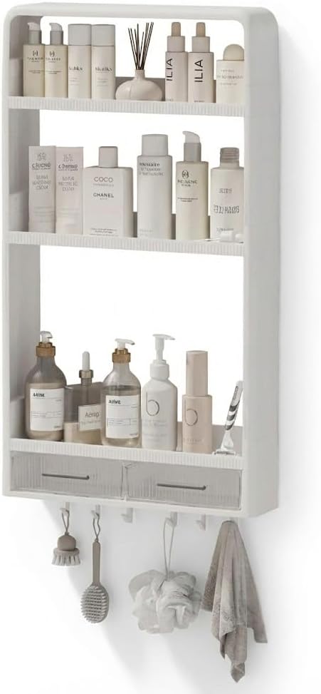 Premium Yapışkanlı Duvar Rafı Organizer, Banyo Mutfak Rafı, 70x40x10 cm, Çekmeceli, Kancalı, Suya Dayanıklı, Delme Gerektirmez