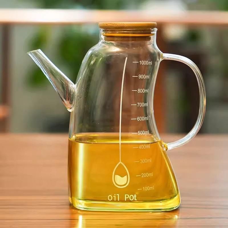 1000ml Bambu Kapaklı Cam Yağlık ve Sirkelik – Dayanıklı ve Şeffaf Sıvı & Mutfak İçin Hassas Sıvı Ölçüm ve Saklama Çözümü 1000ml - Cam Sürahi Sıvı Ölçü Kabı