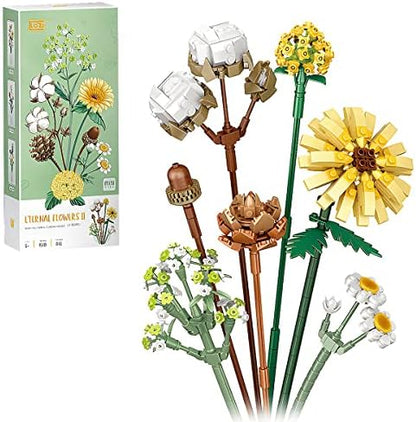 fun4kid Mini bloklar çiçek buketi yapı setleri, yapay çiçekler, yapı taşları, dekorasyon, ev, 646 adet, yetişkinler için botanik koleksiyonu (pamuk/çam kozalakları/Gerbera/Craspedia)