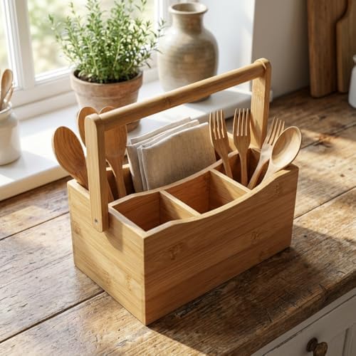 4 Bölmeli Bambu Kaşıklık ve Organizer - Tezgah Üstü Çatal Bıçak Düzenleyici Taşıma Kulplu Servis Standı (23 x 16 x 12 cm)