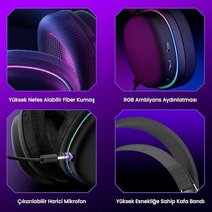 Aula G7 Tri Mode Kablosuz RGB Gaming Mikrofonlu Oyuncu Kulaklığı 40mm Driver Gürültü Engelleyici Pembe