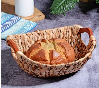 Kosova Wicker Serisi Bezli Oval Ahşap Kulplu Hasır Ekmek Sepeti