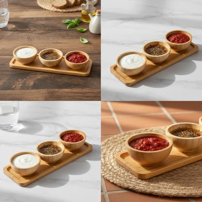 Doğal Bambu Standlı 3'lü Yuvarlak Sosluk ve Çerezlik Seti (20x6,5 cm) - Kahvaltılık İkramlık Takımı