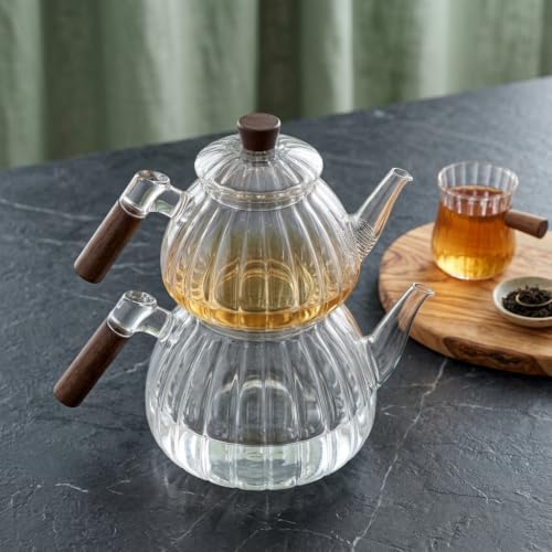 Akasya Cam Çaydanlık Takımı 1500 ml + 600 ml - Ahşap Kulplu, Çizgili Tasarım Isıya Dayanıklı Borosilikat Şeffaf Çaydanlık