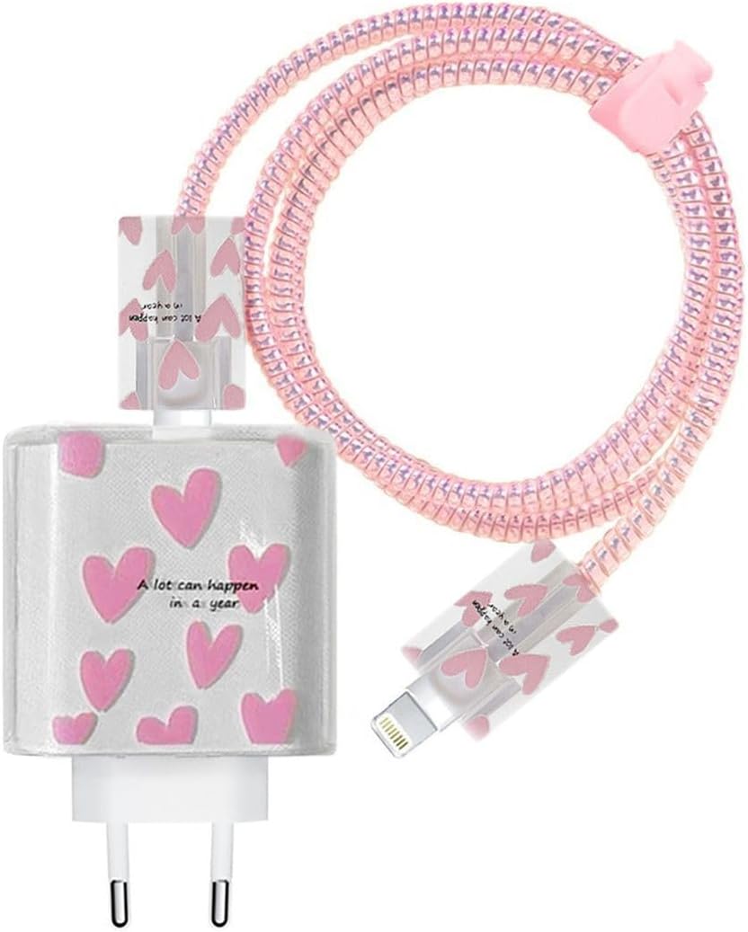iPhone 18w/20w ile uyumlu Pembe Love Şarj Aleti Kılıfı, Şarj Kablosu Örme Aparatı, Toparlayıcı, Kablo Koruyucu