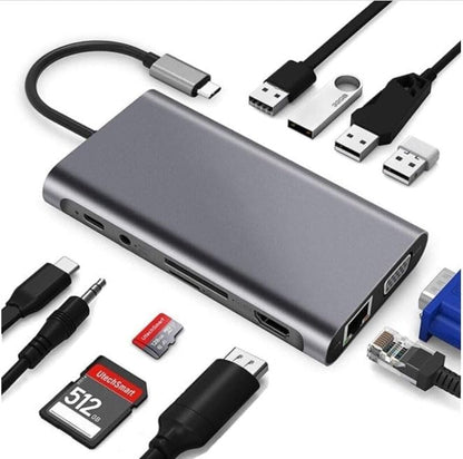 Type-C To HDMI Adaptör 11 In 1 Dört USB 3.0 Bağlantı Noktası 4K HDMI VGA Type C PD USB3.0 RJ45 Ethernet SD TF Kart Okuyucu 3.5mm AUX MacBook Pro Air Uyumlu
