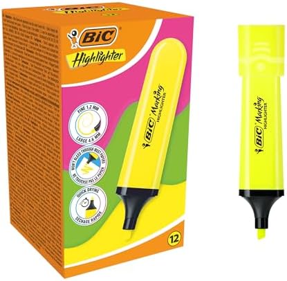 Marking Flat Higlighter Fosforlu Kalem 12'li Kutu, Sarı Fosforlu Kalem, Su Bazlı, Hızlı Kuruyan Mürekkep