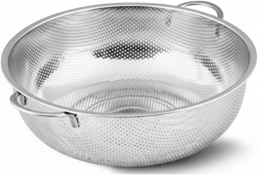 Premium 22 cm Paslanmaz Çelik Mutfak Süzgeci, Çift Kulplu Metal Pirinç ve Bakliyat Yıkama Kabı, Isıya Dayanıklı Delikli Sebze Meyve Süzme Kasesi (Gümüş)