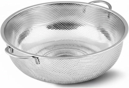 Premium 22 cm Paslanmaz Çelik Mutfak Süzgeci, Çift Kulplu Metal Pirinç ve Bakliyat Yıkama Kabı, Isıya Dayanıklı Delikli Sebze Meyve Süzme Kasesi (Gümüş)