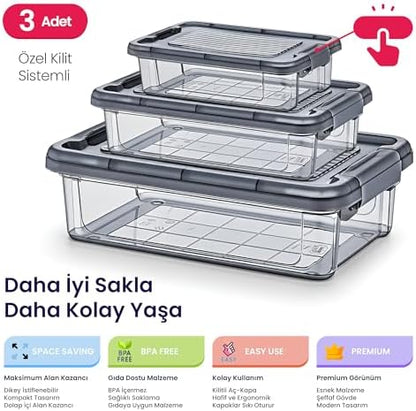 Hobby Life Elite 3’lü Kilitli Saklama Seti (3L+1.5L+0.85L) – İç İçe Geçen Yer Tasarruflu, Şeffaf Antrasit Premium Gıda Kabı