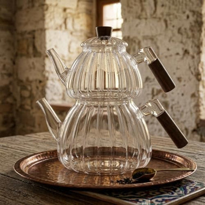 Akasya Cam Çaydanlık Takımı 1500 ml + 600 ml - Ahşap Kulplu, Çizgili Tasarım Isıya Dayanıklı Borosilikat Şeffaf Çaydanlık