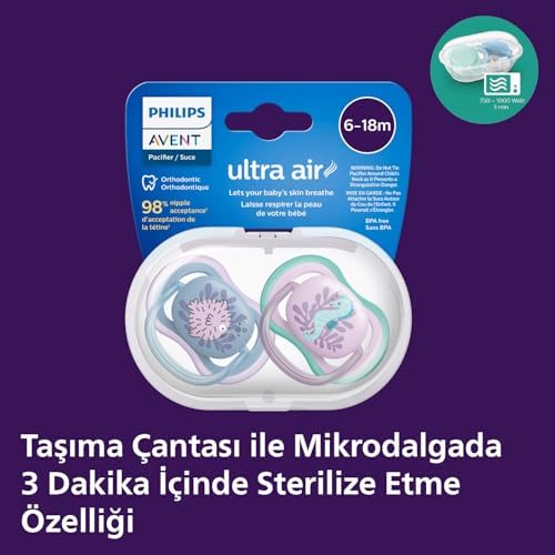 Ultra Air Emzik, Kız Bebekler için 6-18 Ay, 2’li Paket, Ortodontik Silikon, Geniş Hava Delikli, Mikrodalga Sterilize Edilebilir, BPA İçermez, Taşıma Kutulu, SCF085/61