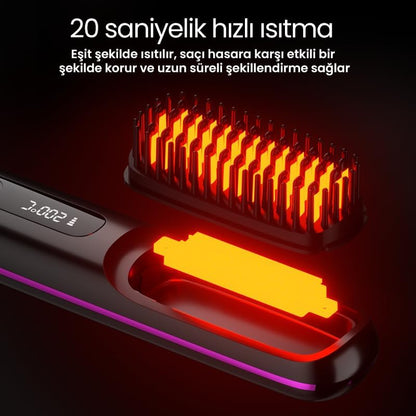 Şarjlı Taşınabilir İyonik Saç Düzleştirici Fön Tarağı – Elektrikli Isıtmalı Tarak Saç Şekillendirici ve Hacimlendirici (Pembe)