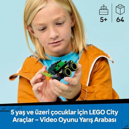 City Araçlar - Video Oyunu Yarış Arabası 60484 – 5 Yaş ve Üzeri Çocuklar için Küçük Sürücü Minifigürü İçeren Yaratıcı Oyuncak Yapım Seti, Çocuklar için Eğlenceli Hediye Fikri (64 Parça)