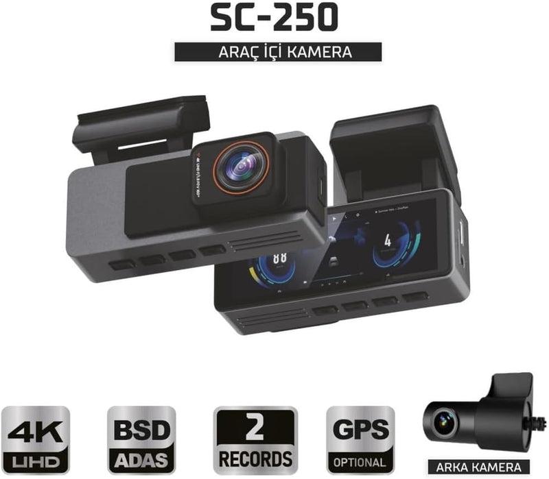 Sentinel SC-250 4K UHD Araç İçi Kamera | ADAS & BSD, Wi-Fi, GPS Opsiyonel, 170° Geniş Açı, 24 Saat Park Modu