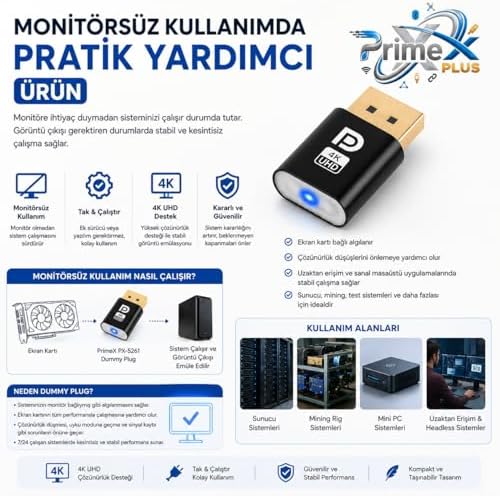 PX-5261 DisplayPort 4K UHD Display Dummy Plug, DP Sanal Monitör Adaptörü, Ekran Kartı Emülatörü, Headless Display Emulator, Bitcoin Mining ve Uzaktan Erişim İçin