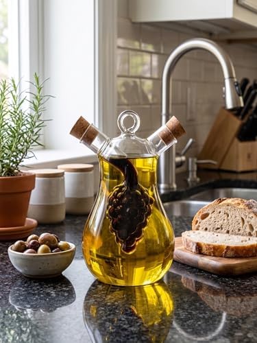 Çift Hazneli Borosilikat Cam Yağdanlık ve Sirkelik, Üzüm Figürlü, Damlatmaz, Mantar Tıpalı, 300 ml + 50 ml